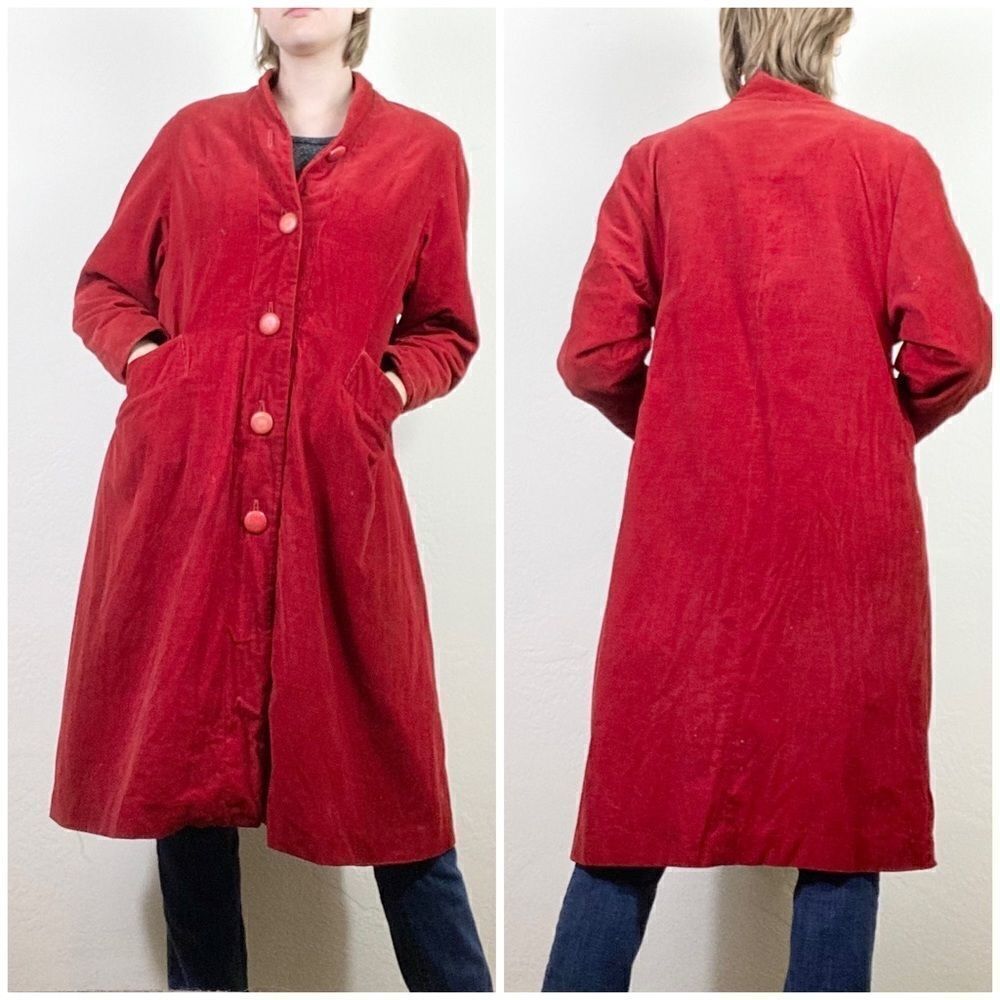 Vintage Malco Modes Red Corduroy Long Button Up Coat
